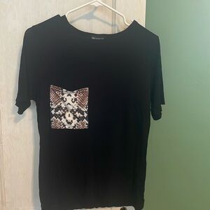 Black pretty little thing t-shirt with pattern front pocket.